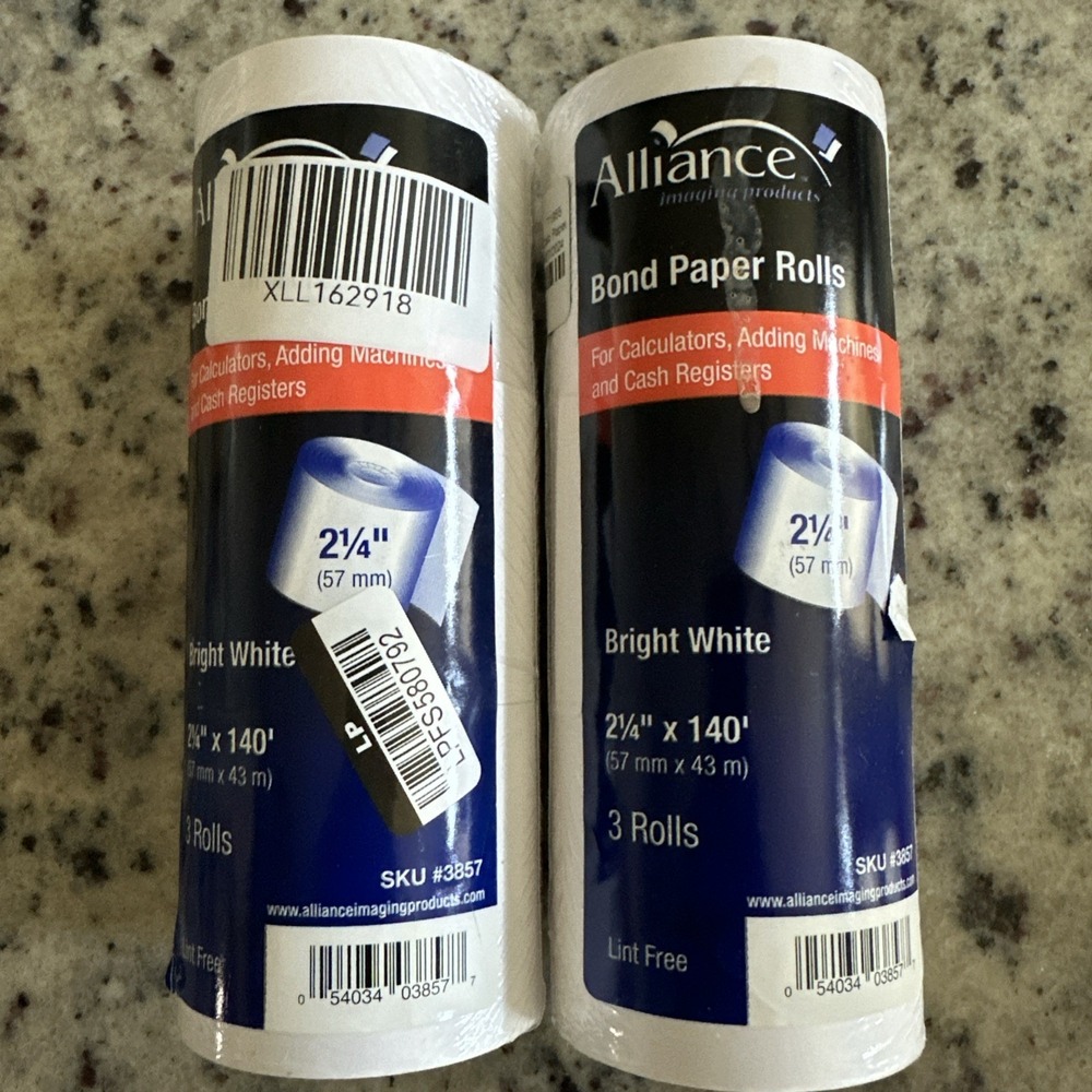 2 Alliance Bond Paper 6 Rolls 2.25 X 140' Total  For Registers Adding Machines